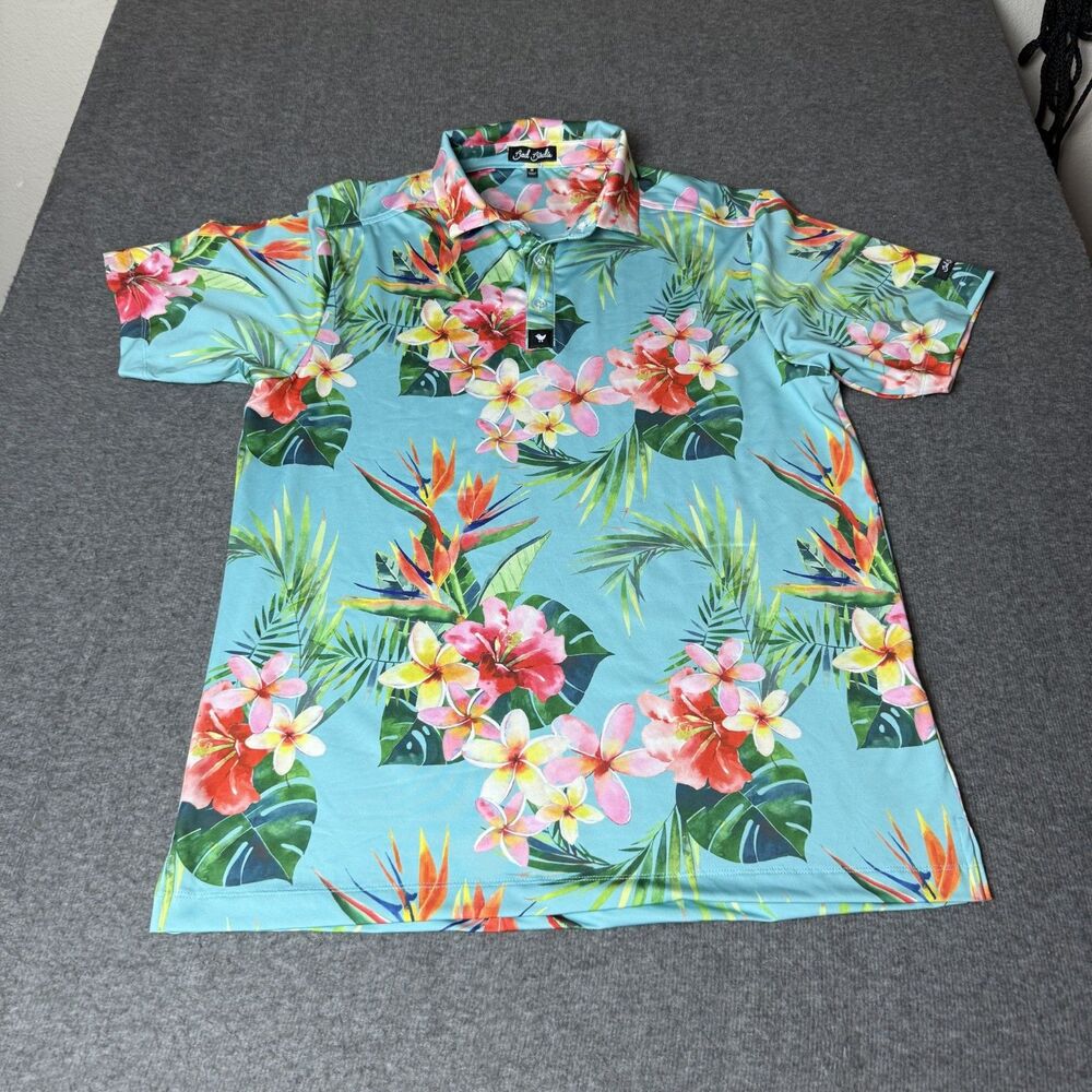Bad Birdie Polo Shirt Mens Medium Floral All Over Print Pullover Golf Stretch